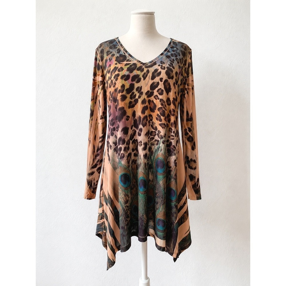 Cover Charge Animal Print L Cheetah Peacock Sharkbite Hem Trapeze Tunic Dress‎